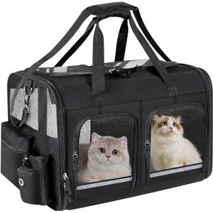 Cat Carrier for 2 Cats, Foldable Double Cat and Dog Carrier, Small to Medium Size, 2 Front Zippered Compartments,Two Pets Carrier for Outdoor Travel,Mulitple Cat Carrier, Black