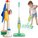 Wooden Kids Cleaning Set with Spray Mop, Montessori Cleaning Toys Real Water Sprayer and Toddler Broom Mop Set, Housework Pretend Play Toy Gift for Boys Girls Ages 3+