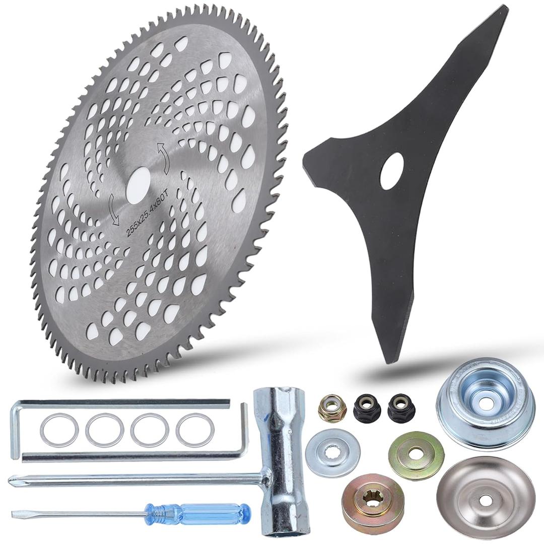 10" x 3 Teeth Carbon Steel Brush Cutter Blades & 10" x 80T Carbide Tip Brush Blades with 2 Different Adapter Kits,Premium Stainless Steel Trimmer Head Compatible with Cutter, Trimmer, Weed Eater