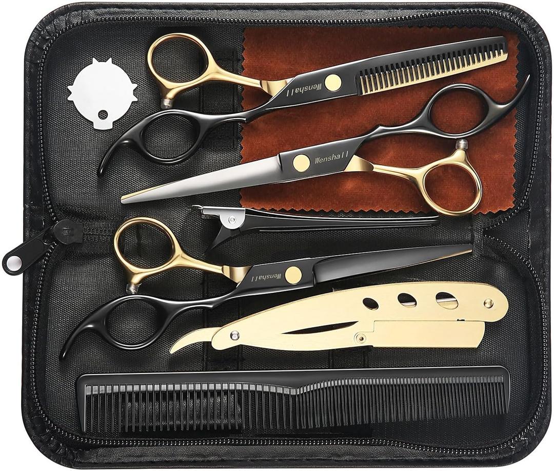Wenshall Professional Black Gold Hair Scissors 6.89" Teeth Japanese Stainless Steel Multifunctional Salon Thinning Scissors Straight Shears Tools for Men Women Home Salon Barber