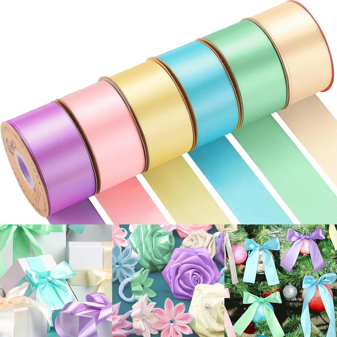 Lyrow 200 Yards Pastel Satin Ribbon 1.5 Inch 6 Rolls Double Face Multicolor Ribbon for Gift Wrapping Flower Bouquet Bows DIY Crafts Birthday Party Decorations
