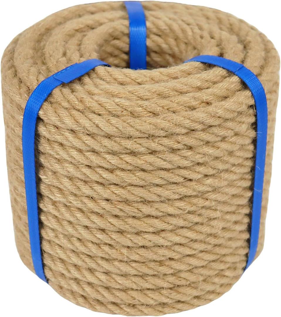 3/8 Inch Natural Jute Rope, 100 Feet Thick Hemp Rope, 4 Strands Twisted Jute Twine for Crafts, Gardening, Cat Scratching Post, Home Decorating, Indoor/Outdoor Use