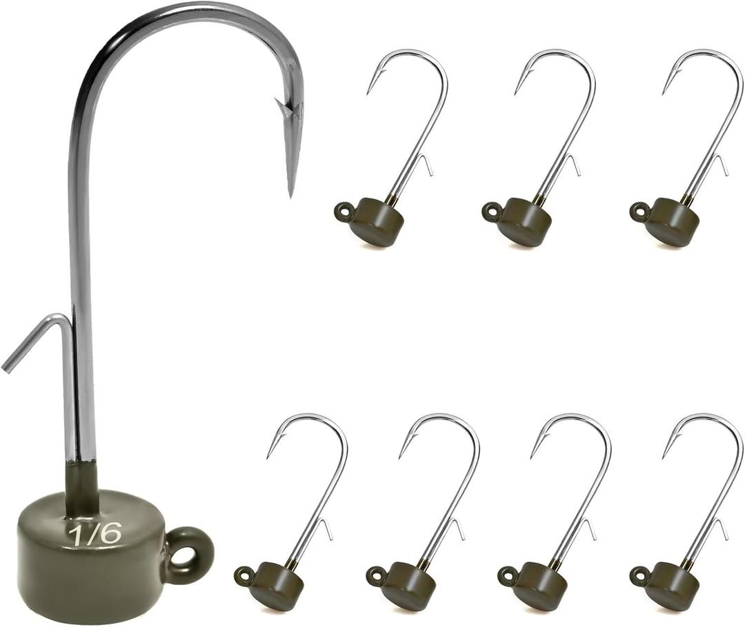 8Pcs Tungsten Ned Rig Jig Heads with Hooks in Different Sizes, Finesse Mushroom Jig Heads for Bass Fishing with Soft Lures (1/4oz, Green Pumpkin)