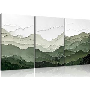 3Pcs Abstract Green Mountains Canvas Wall Art Modern Minimalist Picture Wall Decor Green White Mid Century Sage Green Poster Print Artwork for Living Room Bedroom Home Decoration 2D Untextured (24L"x16W")