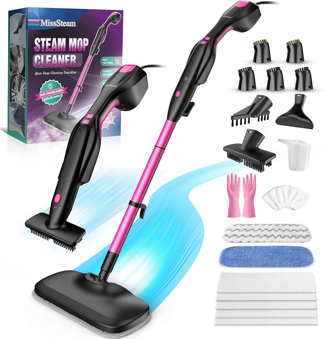 Standable Safe & High Temp Steam Mop Cleaner for Deep Cleaning, Powerful MultiPurpose and Heavy Duty Handheld Steam Cleaner, Detachable Floor Steamer with 18 Accessory for Hardwood Laminate Tile Grout (Black)