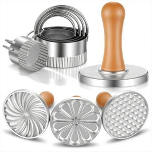 Cookie Stamps Biscuit Cutter Set, 3 Molds Metal Cookie Press And 5 Size Cookies Cutter Set, Zinc Alloy Embossing Stamper With Wooden Handle, Food Grade Stainless Steel Cutters For DIY Baki