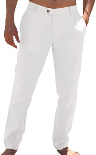 Runcati Mens Casual Pants Elastic Waist Linen Dress Lightweight Straight-Legs Loose Fit Summer Beach Yoga Trousers 36