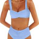 ANRABESS Bathing Suit for Women Tummy Control Bikini Set 2025 Beach Front Ruched Mid Waist Swimsuit with Adjustable Straps (Medium, Light Blue)