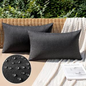 MIULEE Pack of 2 Decorative Outdoor Solid Waterproof Throw Pillow Covers Faux Linen Garden Farmhouse Cushion Cases for Halloween Tent Balcony Couch Sofa 20x12 Inch Black