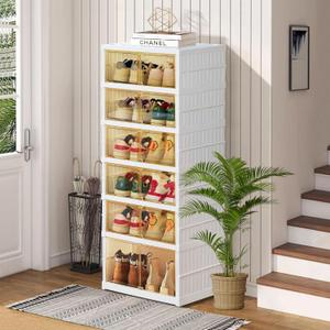 Foldable Storage Box - Clear Stackable Shoe Organizer with Lids - Large 6 Layer Shoe Rack Cabinet