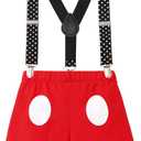 IMEKIS Baby Boys 1st 2nd Birthday Outfit Bowtie Romper with Suspenders Red Shorts Headband Sets Cake Smash Photo Shoot (Black)