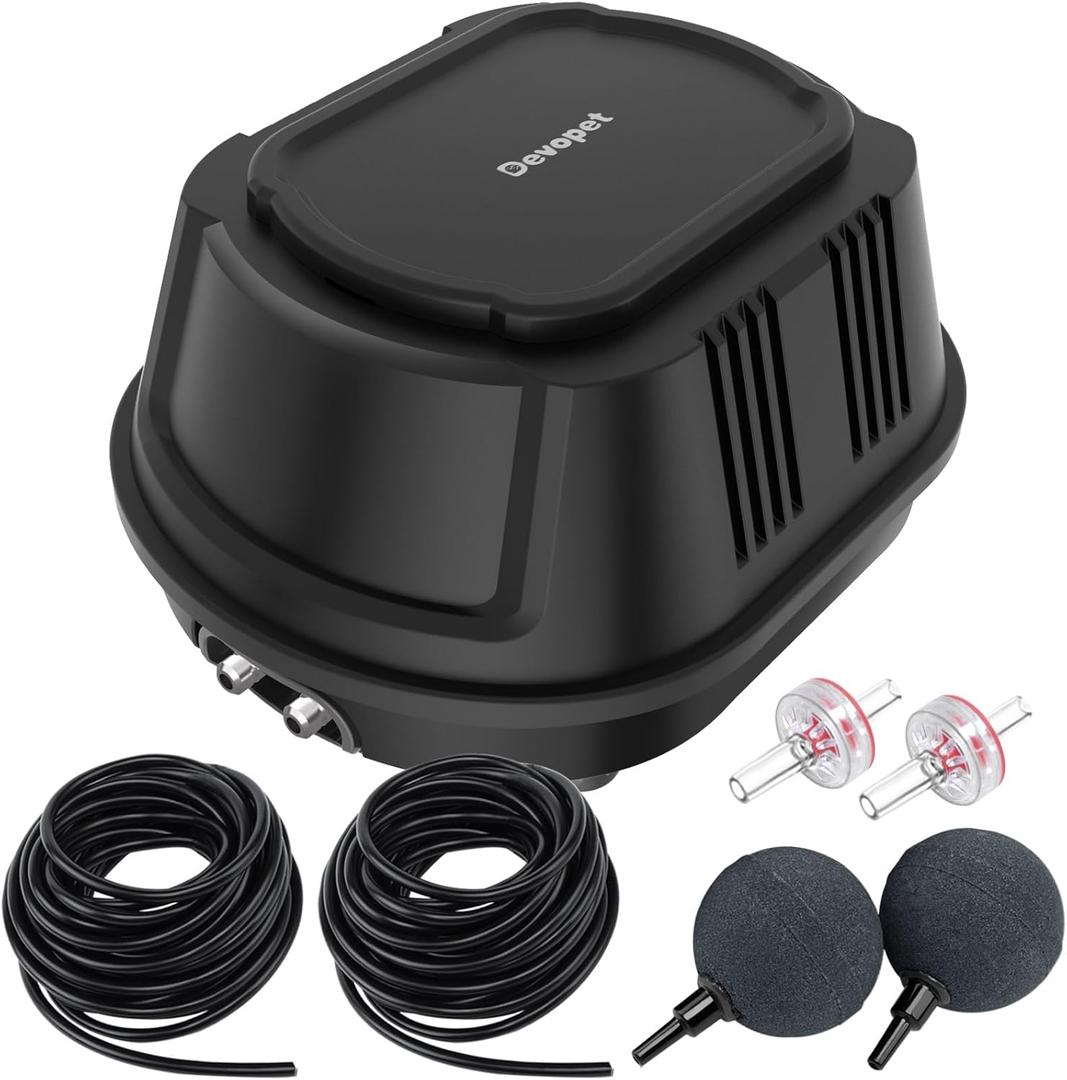 Pond Aerators for Outdoor Koi Ponds, Air Pump for Pond up to 1800 Gallons, All-in-One Flow Adjustable Pond Aeration Kit Pond Deicer with Double Outlet Airline Tubing Air Stones Check Valves