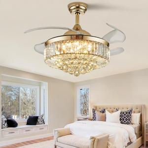 Modern Crystal Ceiling Fans with Lights and Remote Retractable Invisible Blades LED Dimmable Fandelier Gold Chandelier Ceiling Fan for Dining Room, Living Room, Bedroom 42 Inches