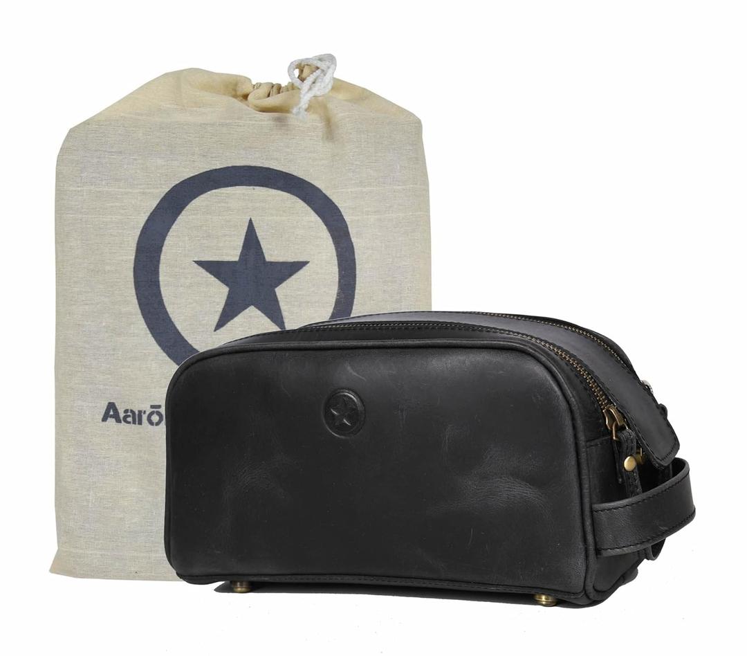 10" Premium Leather Toiletry Travel Pouch With Waterproof Lining Black Color | King-Size Handcrafted Vintage Shaving Kit By Aaron Leather Goods (Florida Black)