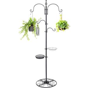 Adjustable Shepherd Hook Stand, 34"- 55" Black Iron Shepherd Hook with Base for Plant Hanging, Wind Chime & Bird Feeder - Outdoor Garden Porch Decoration (Basic Style)