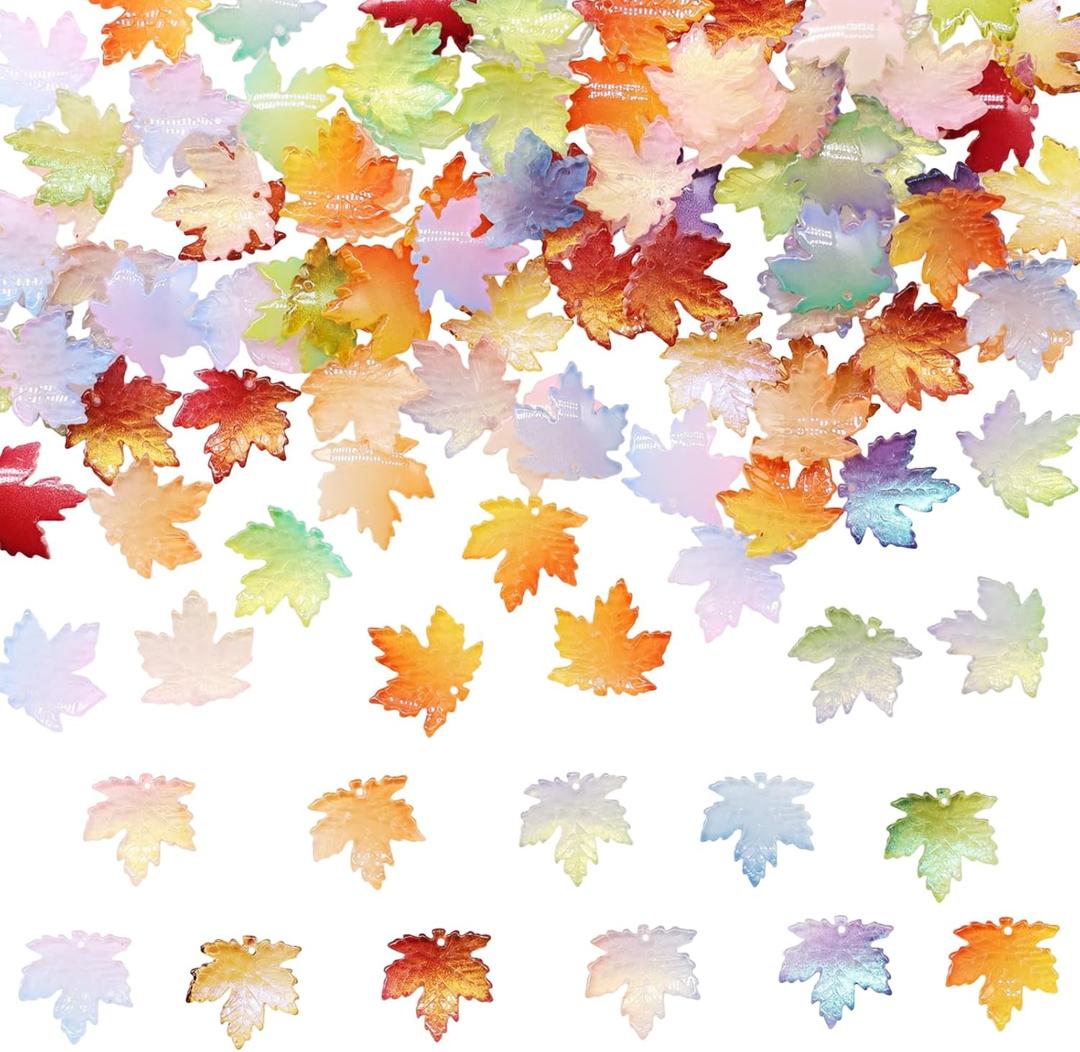 Decoendiy 100Pcs Maple Leaf Glass Beads,Mixed Color Handmade Autumn Tree Fall Leaves Plant Pendants, Crystal Leaf Charms for Jewelry Making, DIY Bracelet Necklace Earring Craft Supplies