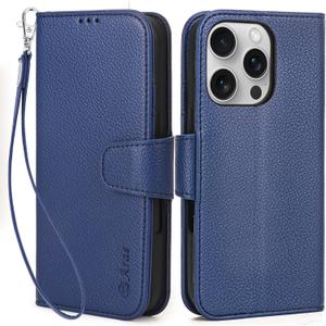 Arae Compatible with iPhone 16 Pro Case Wallet with Card Holder, Wristlet Strap Wallet Flip Cover for iPhone 16 Pro 6.3 inch Men/Women, RFID Blocking, Kickstand,Litchi Blue
