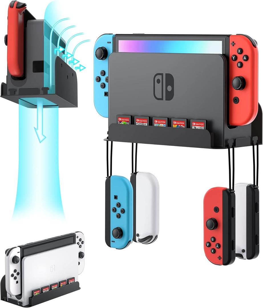Wall Mount for Nintendo Switch and Switch OLED, Metal Wall Mount Kit Shelf Accessories with 5 Game Card Holders and 4 Joy Con Brackets, Safely Store Switch Console Near or Behind TV, Black