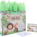 13'' Large Baby Boy Girl Gift Bag Set with Handles, Greeting Card, Green Tissue Papers and Stickers for Birthday, Baby Shower, Newborn, New Moms, Woodland Animals Design, 1 Pc