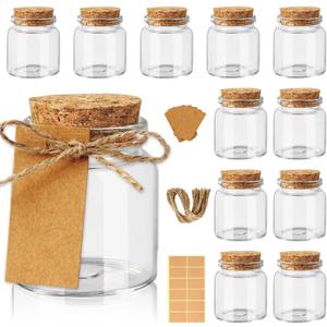 OurWarm 12 Pack Mini Jars with Lids, 1.7OZ Small Glass Bottles with Cork Tag Label and Twine, Versatile Small Glass Jars for Candy Potion Spice DIY Crafts Gift Birthday Wedding Party Decorations