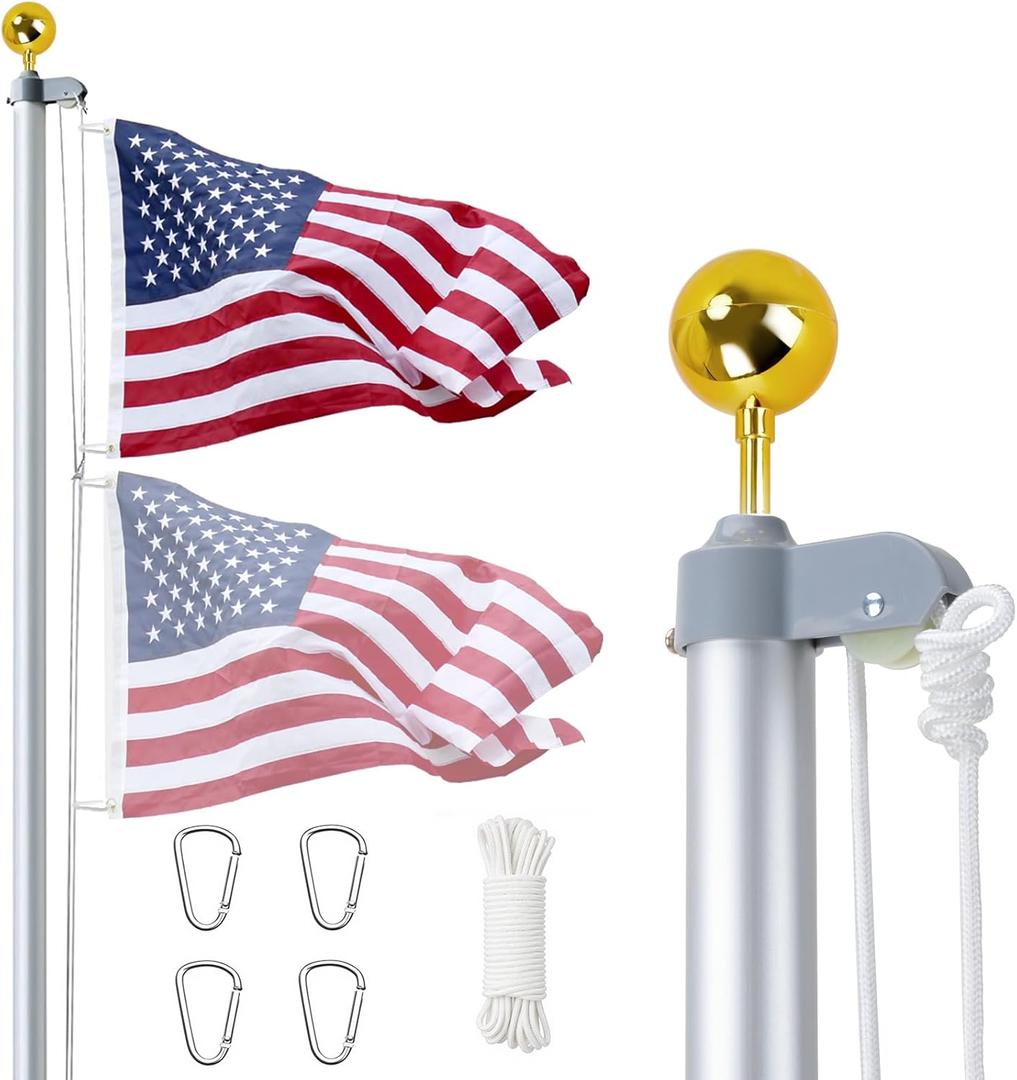 iElyiEsy Flag Poles for Outside House, 25FT Flagpole Aluminum Sectional Flag Pole Kit with 3x5 American Flag & Gold Ball Topper for Yard House Ground Residential Commercial (Silver)