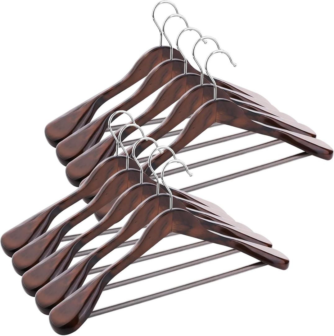ABHENG Solid Wood Suit Hangers, 10 Pack, Coat Hangers with Non Slip Trouser Bar, 360 Swivel Hook, Heavy Duty Wide Hangers for Suit, Coat, Jacket, Trousers, Pants,17.3" W x 9", Dark Walnut 