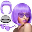 PLULON Purple Bob Wig and Sunglass Set, Neon Short Bob Wig Sunglass Pack Costume Colorful Cosplay Hairpieces for Bachelorette Neon Party Favors, Halloween Decorations