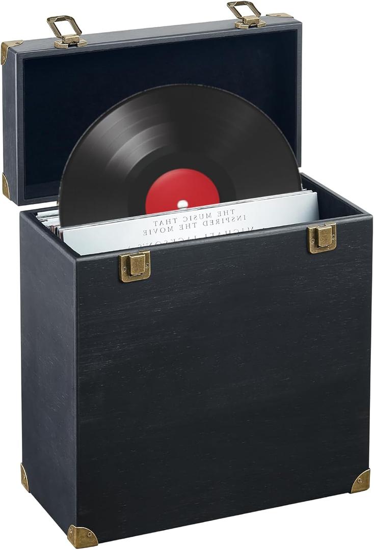 Vinyl Record Storage Box, Solid Wood Vinyl Record Box Fits Standard Records- 7/10 Inch, (Upgrade Double Latch) LP Album Record Storage Case Hold 40 Records - Carbonized Brown (Black)