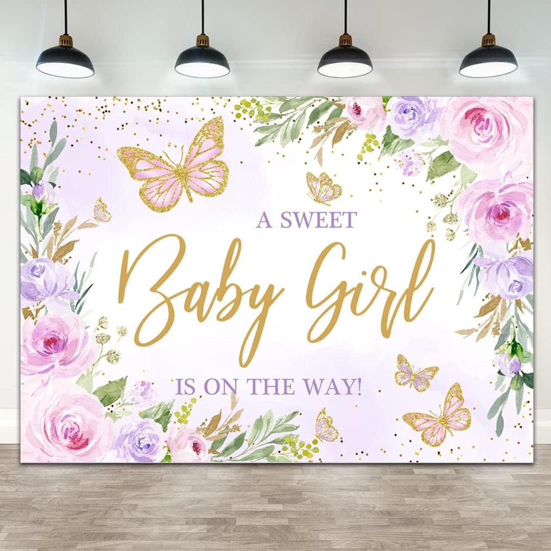 Butterfly Baby Shower Decoration for Girl Backdrop 7x5ft A Sweet Baby Girl is on The Way Purple Florals Flowers Photography Background Gold Dots Princess Banner Photo Booth Supplies Props