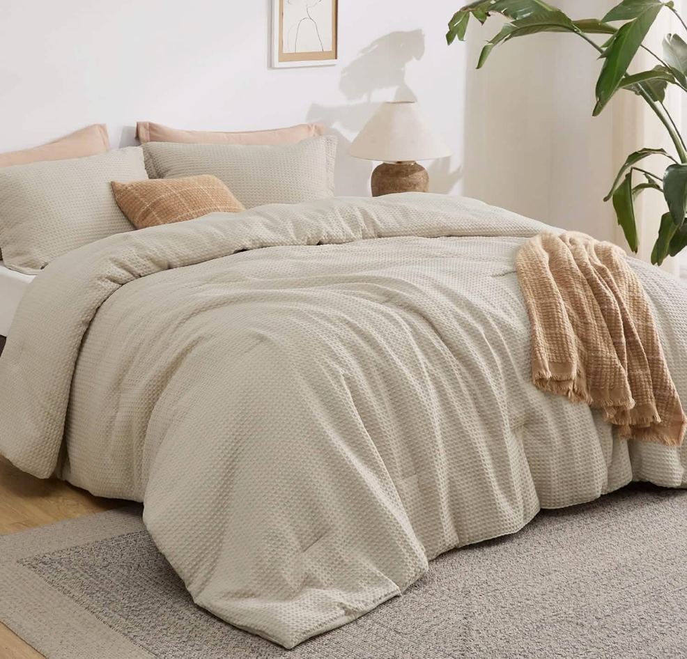 Bedsure 3Pcs Classic Waffle Weave Comforter Set, Queen Size / Linen
