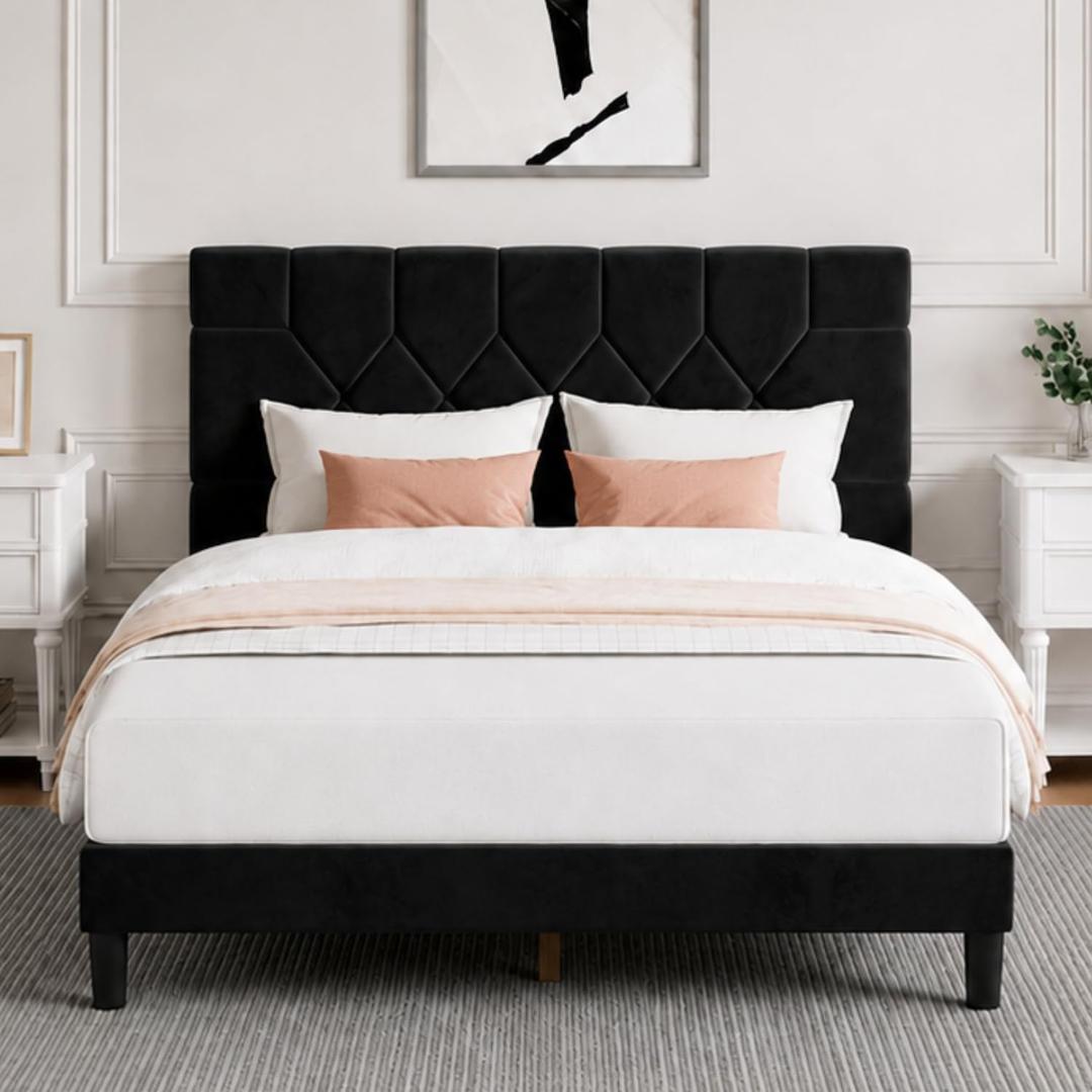 Novilla Full Size Bed Frame, Full Bed Frame with Headboard, Velvet Upholstered Pull-Point Headboard, No Box Spring Needed, Metal Support Heavy Duty Feet, Easy Assembly, Black Velvet