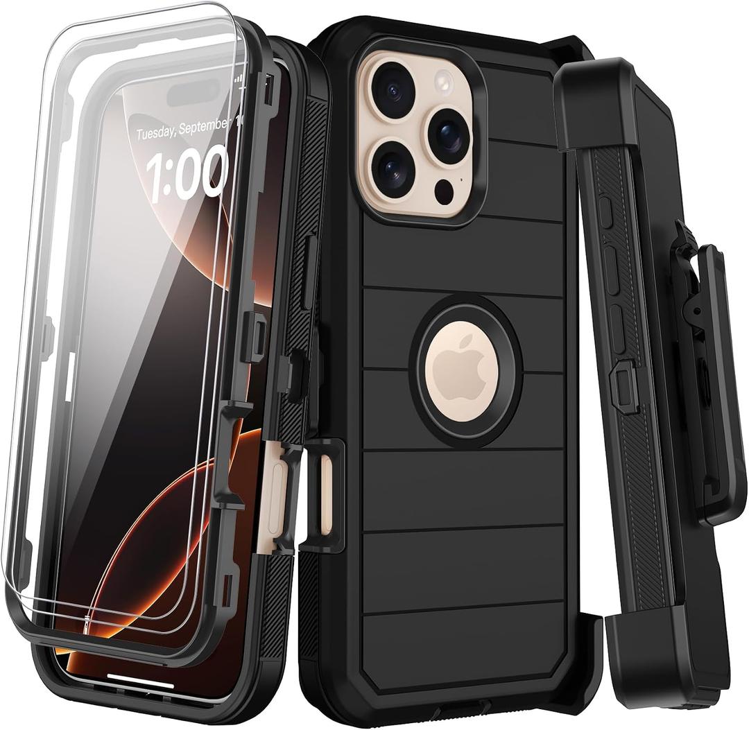 for iPhone 16 Pro Case with Belt Clip Holster,2X Screen Protectors,Heavy Duty Shockproof Drop Protection Military Grade 3 Layers Full Covered Rugged Durable Phone Cover with Kickstand 6.3“ (Black)
