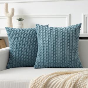 Kevin Textile Throw Pillow Covers Soft Corduroy Decorative Set of 2 Boho Striped Pillow Covers Pillowcases Farmhouse Home Decor for Couch Bed Sofa Living Room 16x16 Inch Blue Grey