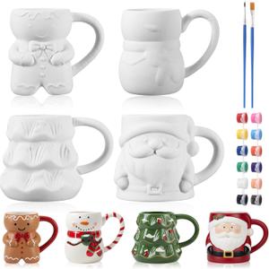 Jingmore 4 Sets Christmas Coffee Mug Paint Craft Kit Paint Your Own Snowman Santa Gingerbread Man Christmas Tree Mug Ceramic DIY for Adults Includes Ceramic White Cup and Painting Supplies for Xmas
