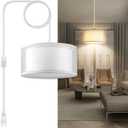 Plug in Pendant Light, 15FT White Cord Hanging Lights with Plug in Cord, Hanging Light with On/Off Switch, Double Linen Shade Fabric Design, Pendant Llight Fixture for Bedroom Living Room Restaurant