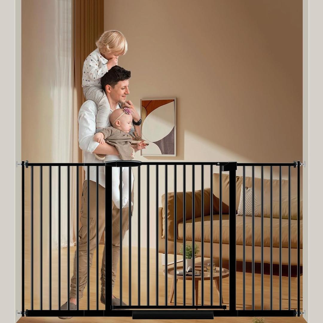 DEARBB Extra Wide Baby Gate Ultra Narrow Spacing 30.11-77.36" Pressure Mounted Double Lock Swing Auto Close Walk Through Metal Safety Pet Gate for Stairs and House Doorway Kitchen (53.74"-61.61", Black)