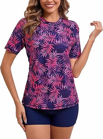 Halcurt Women's Built in Bra Rash Guard UPF 50 Two Piece Swimsuit Shirt and Board Shorts, S
