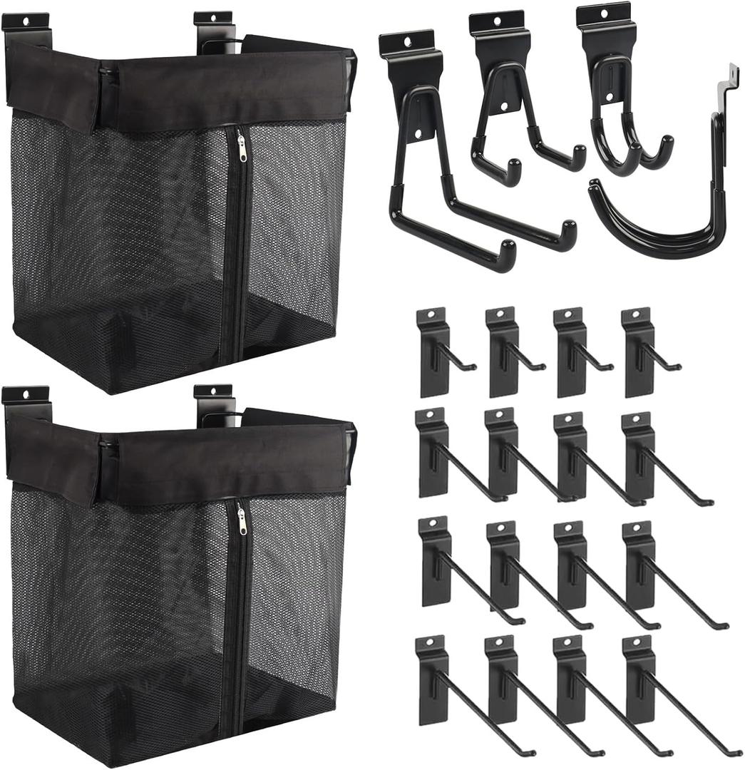 22Pcs Slatwall Hooks Accessories Set with 2Pcs Mesh Slatwall Baskets with Zipper, 20Pcs Slatwall Hooks Heavy Duty, Slatwall Accessories for Shops Rooms Storage Display Organizing(151116inch)