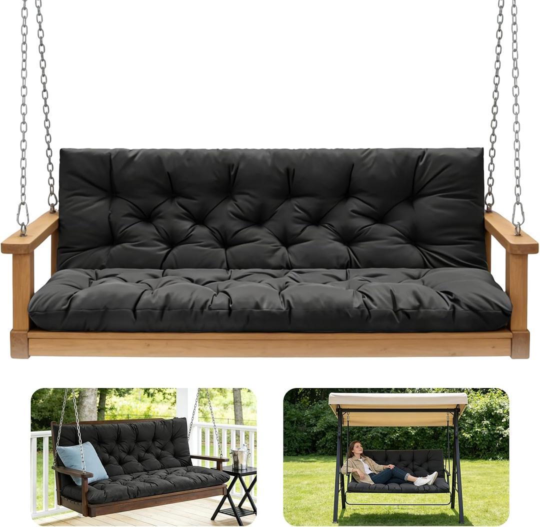 Porch Swing Cushions,Outdoor Cushions 3 Seater Replacement with Backrest, Waterproof Thickened Bench Cushion with Ties for Porch, Patio,Outdoor, Backyard and Garden (Black 60 * 40 in)