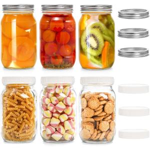 Jucoan 6 Pack Wide Mouth Glass Mason Jar Canning Jar with Lid and Band, 32 oz Quart Size Square Mason Jars for Preserving, Fermenting, Pickling, Salad, Juice, Food Storage, with 6 Plastic Lids
