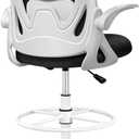 Drafting Chair Tall Office Chair with Flip-up Armrests, Adjustable Height, and Enhanced Lumbar Support - Ergonomic Rolling Stool, Back Support, and Adjustable Foot Rest Ring for Standing Desk White (934W-Z)