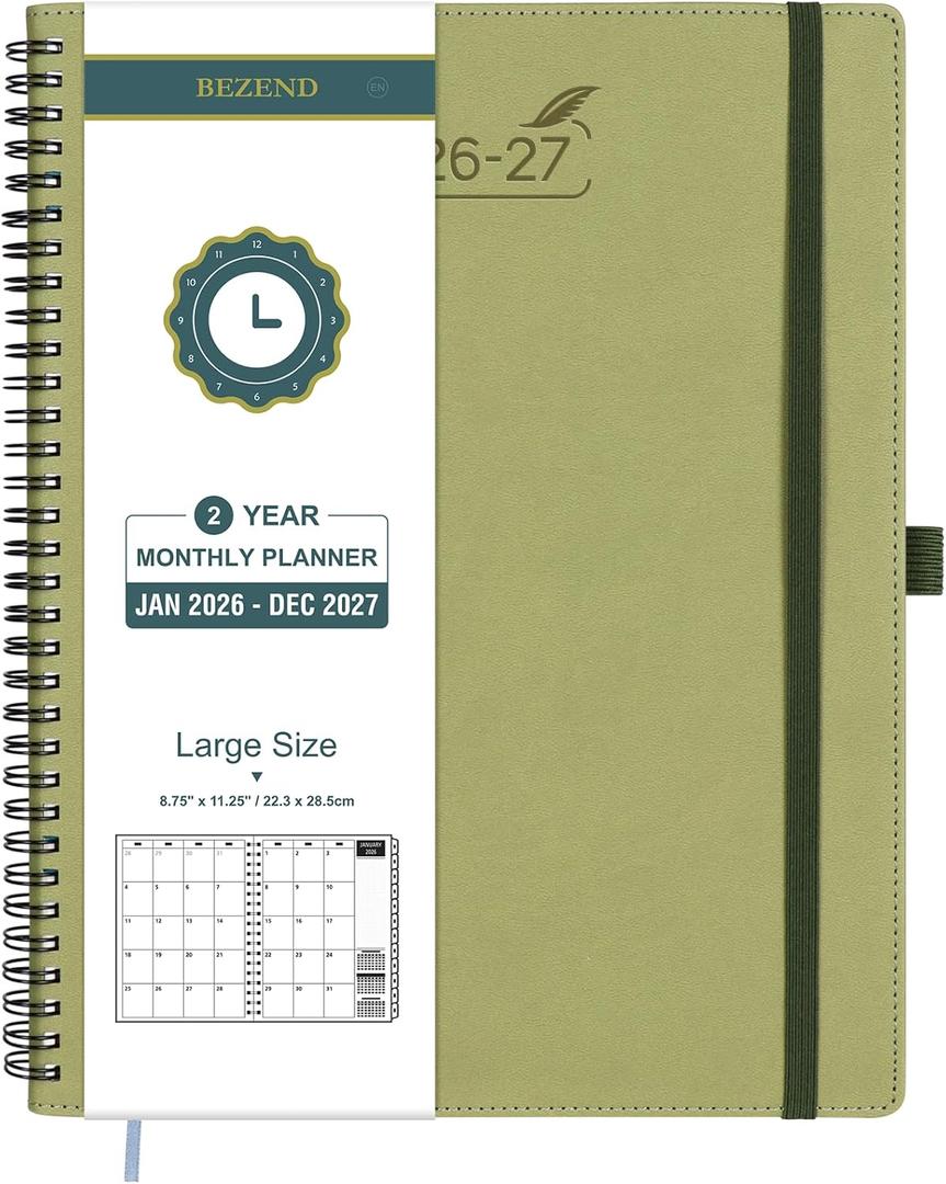 BEZEND Monthly Planner 2026-2027 (Spiral-8.5" x 11") 2 Year Calendar Book with Note Pages - Jan 26 to Dec 27-120 GSM Paper, Inner Pockets, Laminated Tabs, Vegan Leather Softcover - Kiwi