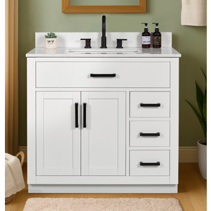 Bathroom Vanity with Sink, Solid Wood, Marble Top, Multiple Storage Drawers & Cabinet Shelf, Built-in Power Outlet