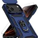 for iPhone 17 Pro Max Case, with Slide Camera Cover HD Screen Protector [Military Grade 16ft. Drop Tested] Ring Holder Kickstand Protective Phone Case for Apple iPhone 17 Pro Max, Navy Blue