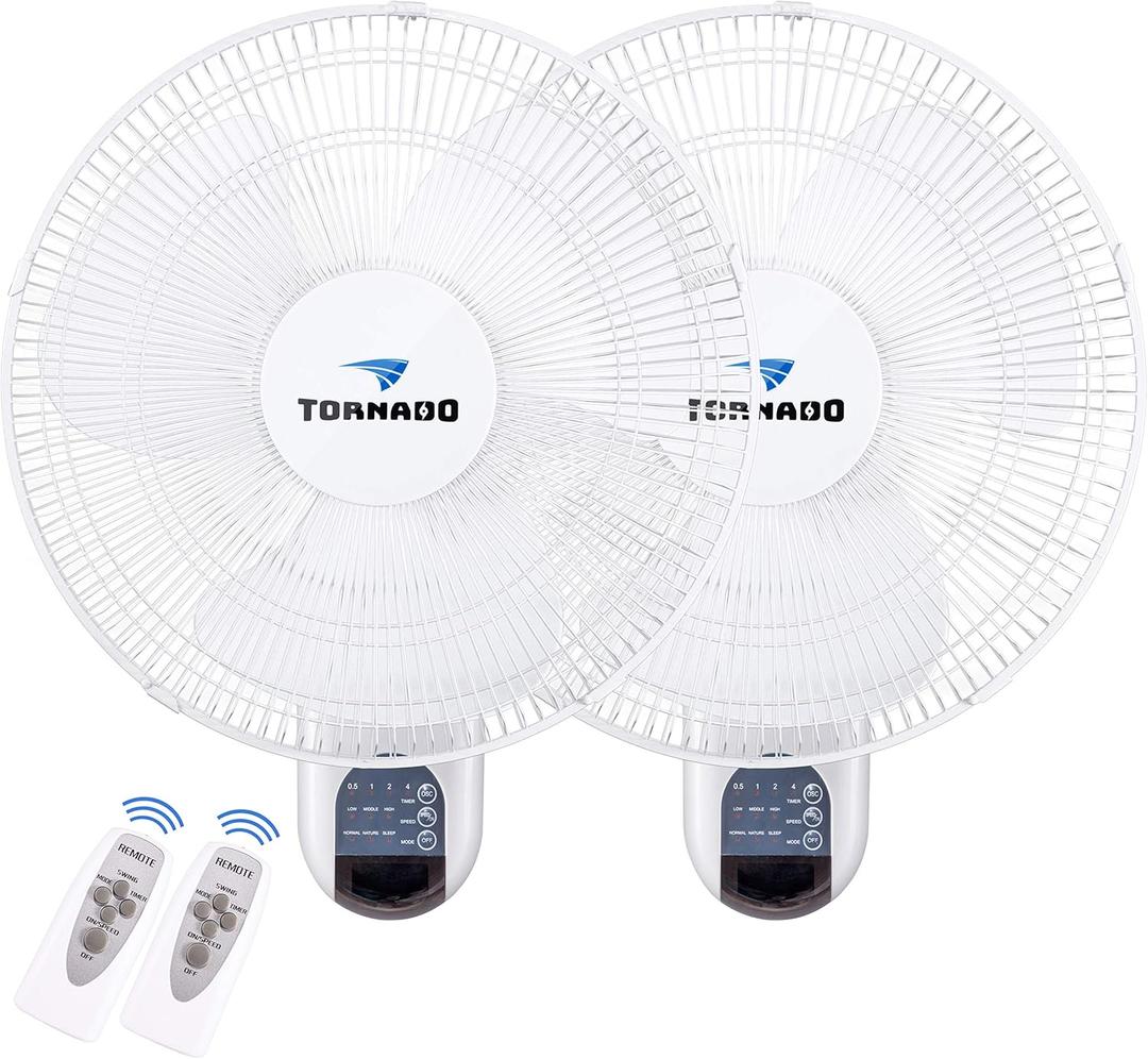 Tornado 2 Pack 16 Inch Wall Mounted Fan for Home, 90Oscillating, Remote Control, 3 Speed 2650 CFM 6 FT Cord UL Safety Listed