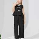 Girls Clothing Sets Sleeveless Bow Crop Top Wide Leg Linen Pants 2025 Summer Outfits Cute Kids Clothes (7-8 Years, Black)