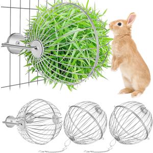 2 Pack Rabbit Hay Ball Feeder Stainless Steel Hanging Hay Holder Dispenser Small Animal Grass Feeder Rack Ball Toy for Bunny Hamster Guinea Pig Chinchilla Gerbils Cage Accessories Supplies