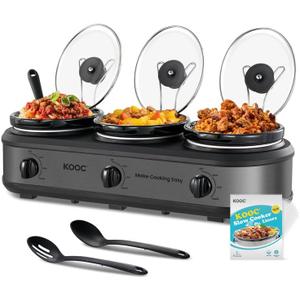 KOOC Triple Slow Cooker Buffet Server and Food Warmer 3x1.5 Quart Individual Temp Control With Lid Rests & Spoons With Liners Included Grey