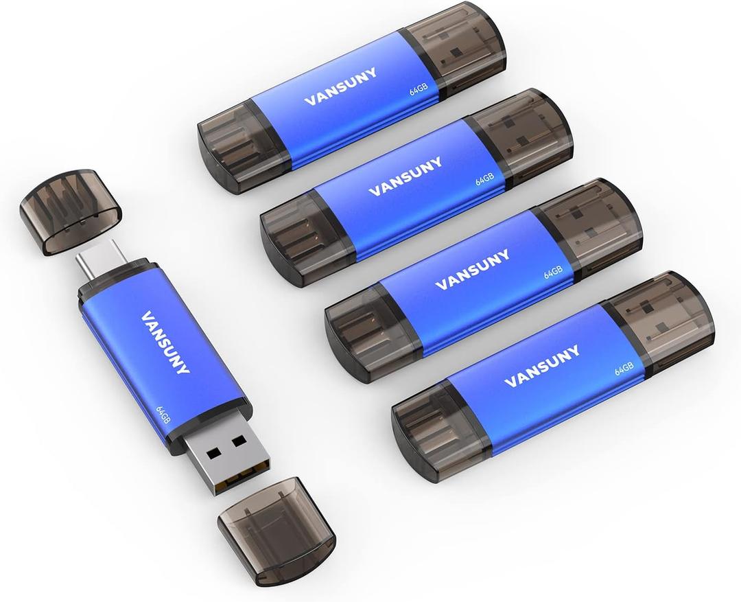 Vansuny 64GB 5 Pack USB Type-C Flash Drives 2-in-1 Dual Flash Drive USB A + USB C OTG Flash Drive for Android Smartphone Tablet Computer Laptop (Blue)
