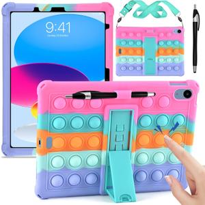 DETUOSI Silicone Case Compatible with iPad (A16) 11th Generation 11 Inch 2025, for iPad 10th Gen 10.9" Soft Case with Shoulder Strap & Stylus Pen, Multi-Viewing Angles, Dazzling Pink